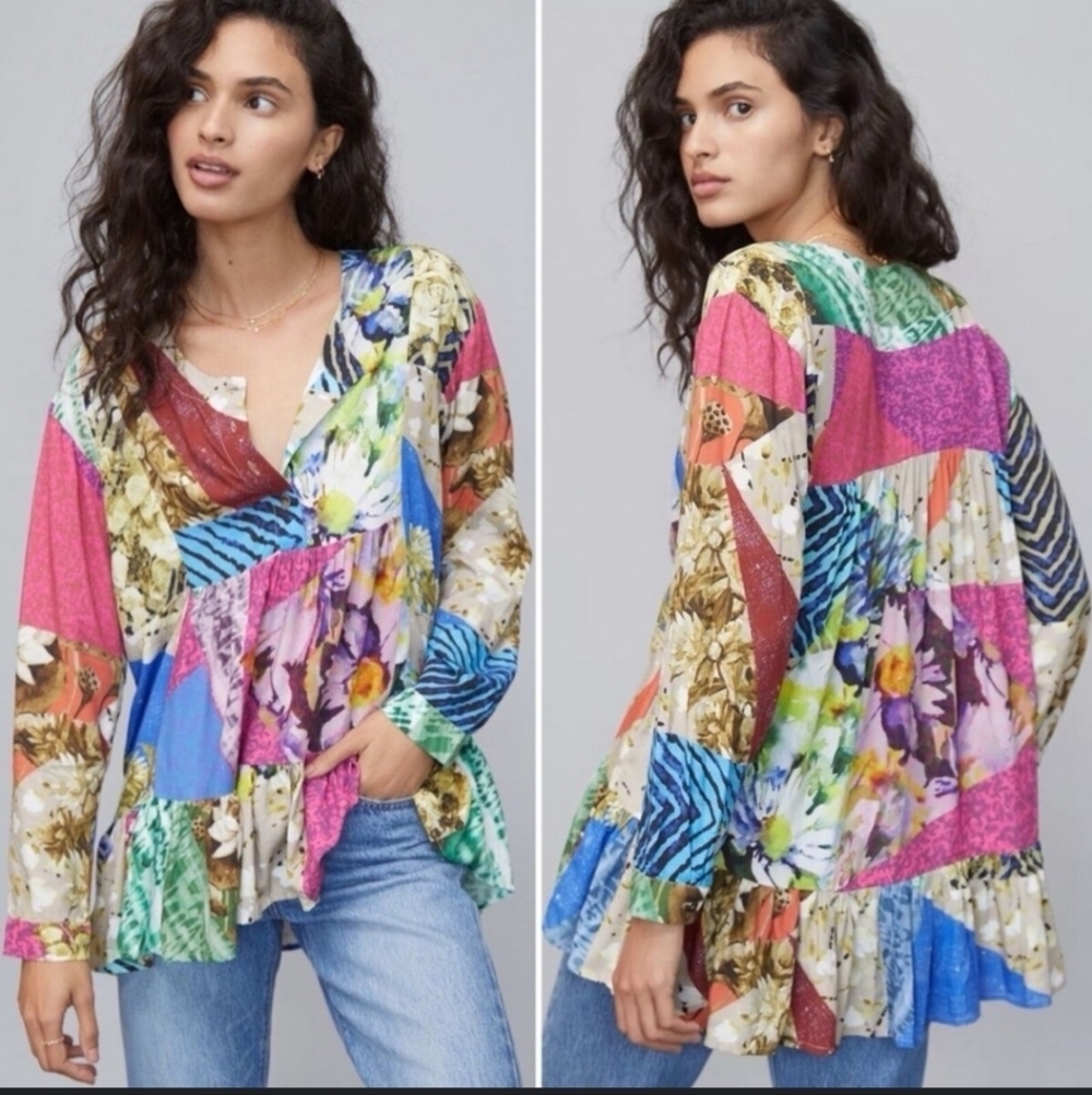 Anthropologie Floral Patchwork Feminine boho Blouse - Multicolor Sz xs petite - Picture 1 of 7